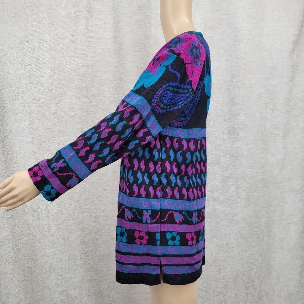 Cape Cod Vintage 80s Black Purple Teal  Floral Paisley Patterned Knit Sweater